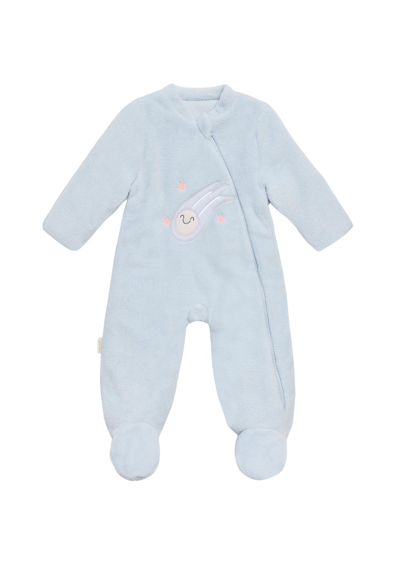 Mono de bebé de felpa azul con mangas largas, pequeño cuello, cierre a presión y un diseño bordado de un cometa con cara sonriente y estrellas.