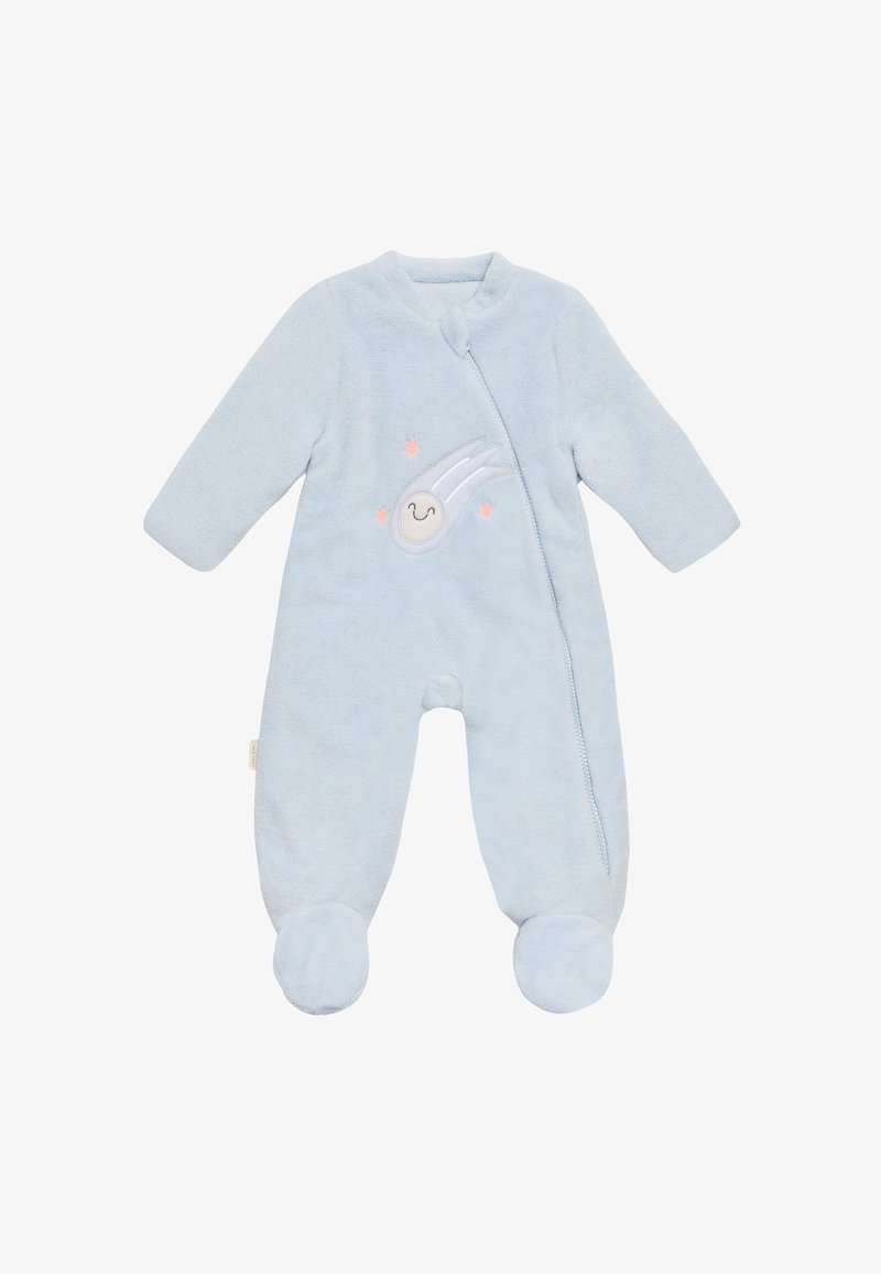 Mono de bebé de felpa azul con mangas largas, pequeño cuello, cierre a presión y un diseño bordado de un cometa con cara sonriente y estrellas.