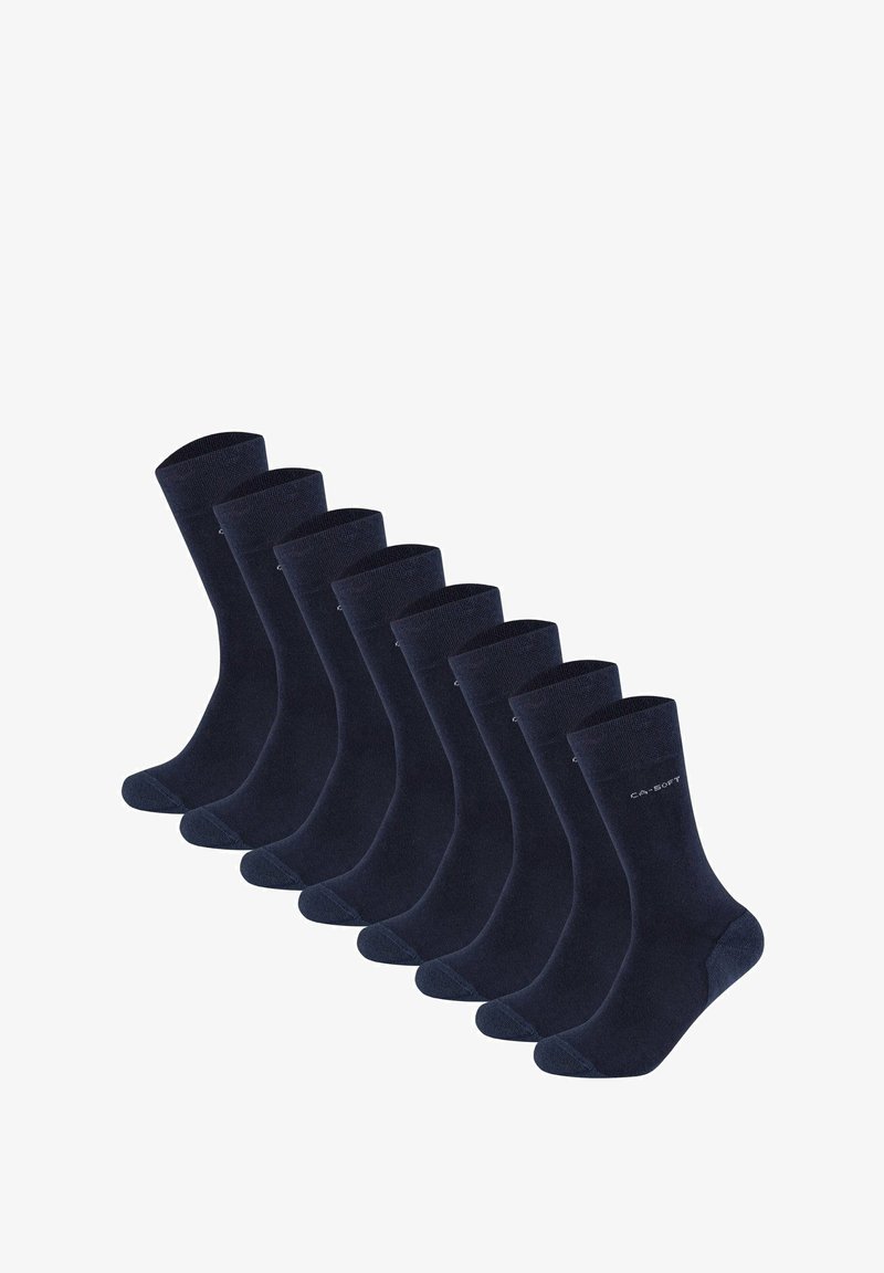 Calze crew in cotone di colore navy, con polsini elasticizzati, texture morbida, punta e tallone rinforzati, con dettaglio del logo sul lato. Confezione da dieci.