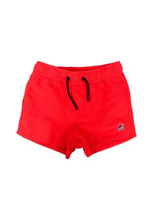 Pantaloni da bagno rossi con vita elastica e cordoncino nero regolabile. Presenta un piccolo logo sul lato sinistro. Tessuto liscio e leggero.