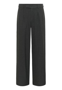 Donkergrijze broek met krijtstrepen, wijd gesneden, met riemlussen en persvouwen aan de voorkant.
