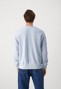 Světlomodrá texturovaná mikina s dlouhými rukávy a kulatým výstřihem. Žebrované manžety a lem. Nosit se modrými džínami z denimu.