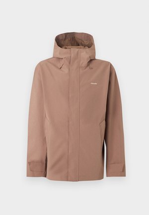 Beige regenjas met capuchon, voorrits verborgen onder een klep, zijzakken, verstelbare manchetten en het "Holzweiler"-logo op de borst.