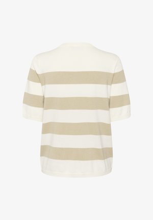 Kortermet pullover med rund hals, med vekslende beige og kremhvite horisontale striper i en myk strikket tekstur.