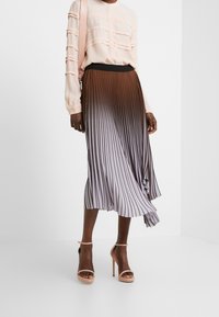 Gonna midi plissettata con una sfumatura che va da marrone scuro a viola chiaro. Abbinata a una blusa rosa pallido e sandali con tacco nudo.