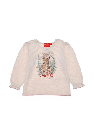 Helles rosa Langarmshirt aus weichem Stoff mit einem Aquarell-Tierdruck und floralen Akzenten, mit gerafften Manschetten und dekorativem Text.