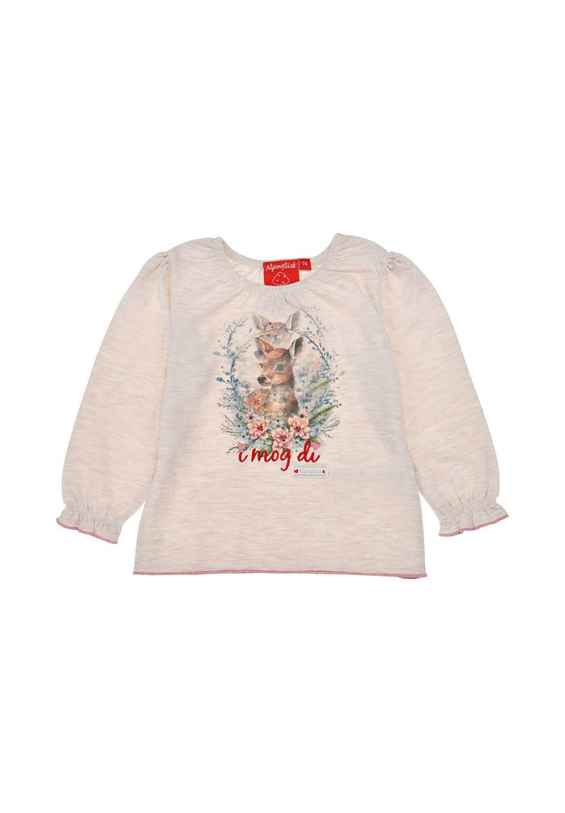 Helles rosa Langarmshirt aus weichem Stoff mit einem Aquarell-Tierdruck und floralen Akzenten, mit gerafften Manschetten und dekorativem Text.