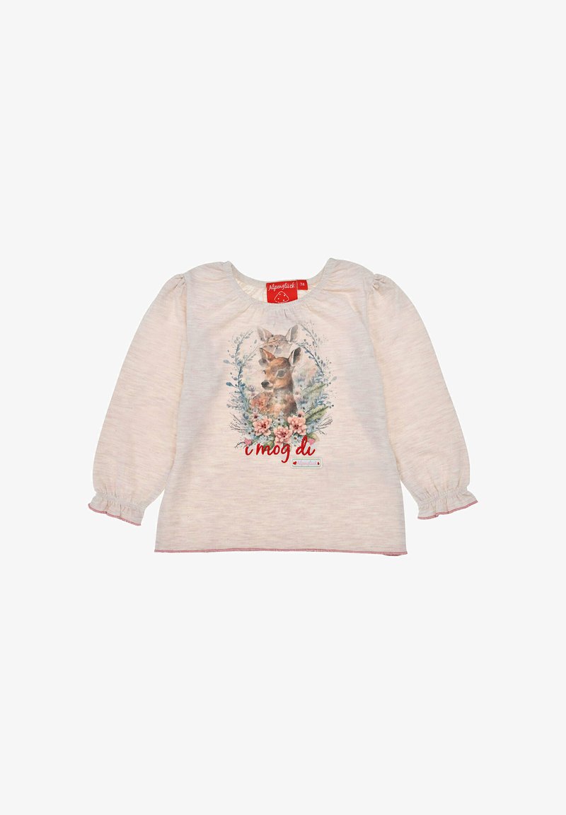 Helles rosa Langarmshirt aus weichem Stoff mit einem Aquarell-Tierdruck und floralen Akzenten, mit gerafften Manschetten und dekorativem Text.