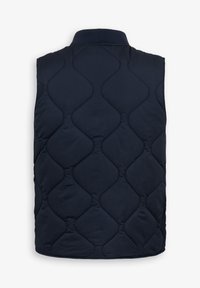 Marineblau gesteppte Weste mit hohem Kragen und Rautenmuster-Nähten. Hergestellt aus leichtem, strapazierfähigem Material für zusätzliche Wärme.
