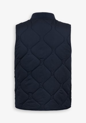 Marineblau gesteppte Weste mit hohem Kragen und Rautenmuster-Nähten. Hergestellt aus leichtem, strapazierfähigem Material für zusätzliche Wärme.