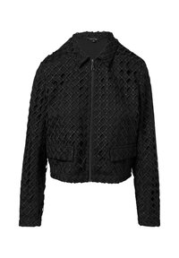 Zwarte cropped jack met een gestructureerd diamantenpatroon, ritssluiting aan de voorkant en twee zijzakken. Gemaakt van lichtgewicht stof.