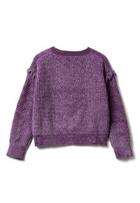 Maglione viola lavorato a maglia con un motivo a cavo testurizzato, collo a giro, e dettagli frangiati sulle spalle. Lunghezza cropped con polsini a costine.