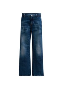 Jeans large en denim bleu foncé, avec une fermeture à bouton, cinq poches et une finition délavée au niveau des cuisses, avec des coutures visibles.