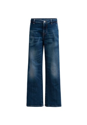 Wijdvallende jeans in donkerblauwe denim, met een knoopsluiting, vijf zakken en een vervaagde afwerking op de dijen, met zichtbare stiksels.