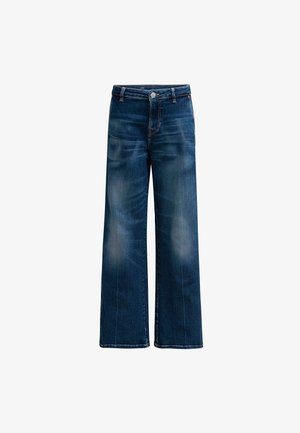 Wide-leg jeans in dark blue denim, featuring a button closure, five pockets, and a faded finish on the thighs, with visible stitching.