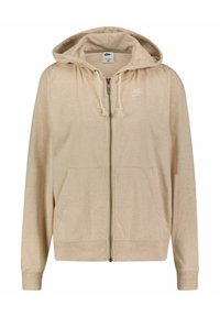 Beige zip-up hoodie i mjukt tyg. Har en huva med dragsko, kängurufickor och en liten vit logotyp på bröstet.