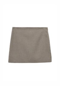 Schwarzer und weißer Hahnentrittmuster-Rock mit geradem Schnitt, tailliertem Bund und minimalistischen Design. Der Stoff wirkt glatt.