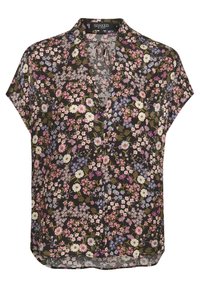 Kortærmet blouse van zwarte stof met een multicolore bloemenpatroon, in een relaxte pasvorm en met een ondiepe V-hals.
