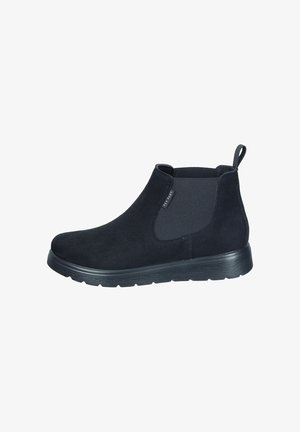 Schwarze Wildleder-Ankle-Boots mit elastischen Seitenteilen, einem Zugfaden und einer strukturierten Gummisohle für zusätzlichen Halt und Langlebigkeit.