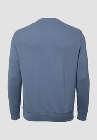 Modrá mikina s okrúhlym výstrihom, z bavlneného zmesi, so žebrovanými manžetami a lemom, jemná textúra, jednofarebná bez viditeľných vzorov alebo ozdobných detailov.