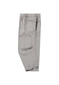 Grijze cargobroek met meerdere zakken, gemaakt van textiel met een structuur. Tapered leg ontwerp met zichtbare stiksels en een rechte tailleband.