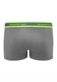 Szare bawełniane bokserki z zielonym i granatowym pasem, z napisem "stoki & miasto" nadrukowanym z przodu. Gładka faktura.