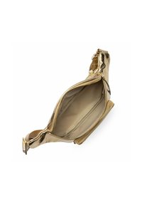 Borsa crossbody metallica oro con una superficie testurizzata, doppi scomparti con zip e foderatura interna liscia. Inclusa tracolla regolabile.