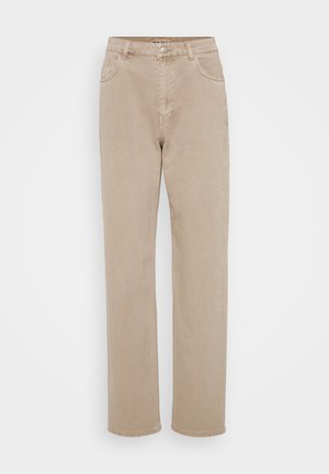 Jeans de talle alto beige hechos de una mezcla de algodón. Presentan piernas rectas, cinco bolsillos y un pequeño botón plateado en la cintura.