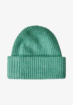 Ribbed knit beanie in a light turquoise color, featuring a folded cuff and soft, textured fabric for warmth and comfort.