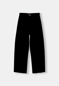 Black wide-leg pants with a high waist, featuring a button closure, front pockets, and raw hems for an unfinished look.