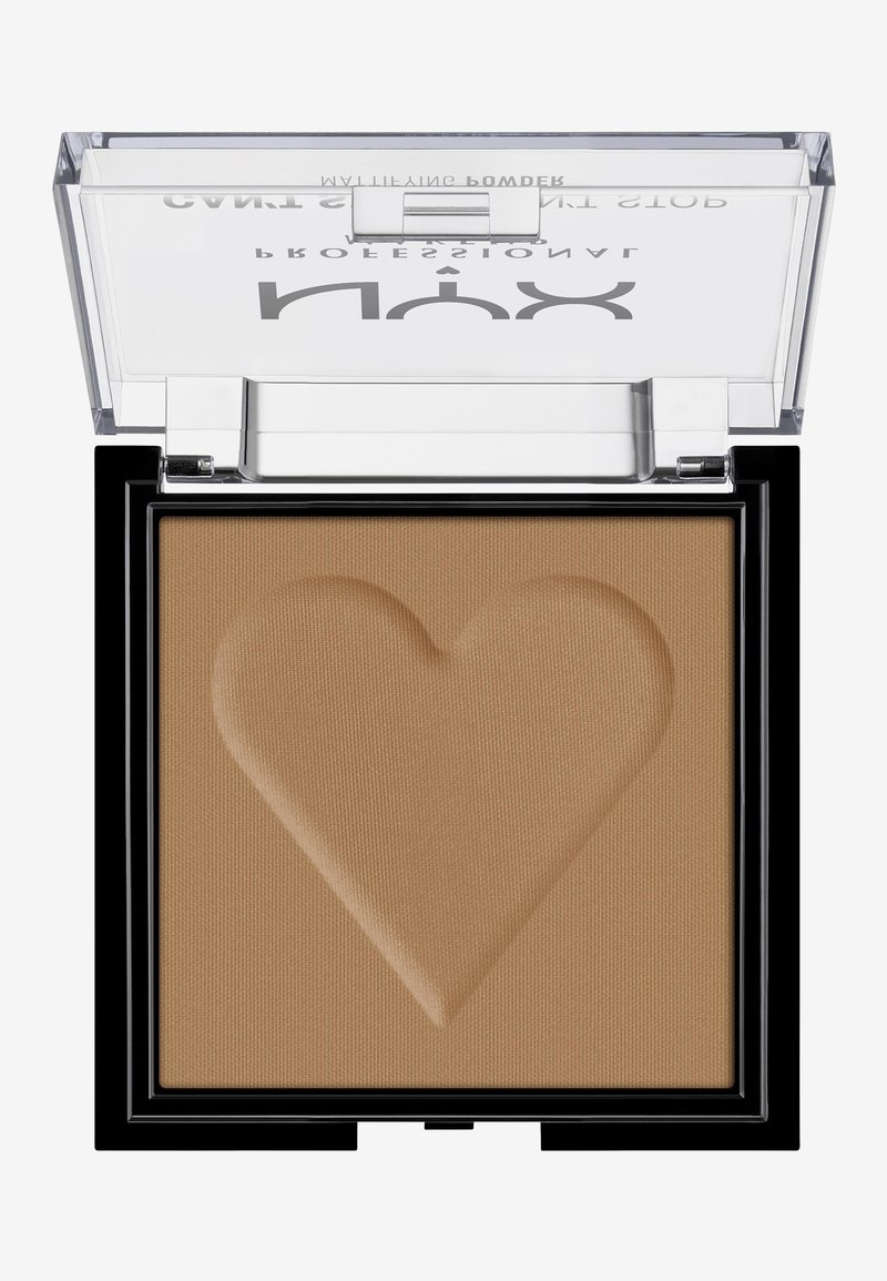 Bronzer in een vierkant, zwart doosje met een doorzichtige deksel. De textuur bevat een hartpatroon op een lichtbruine, matte ondergrond.