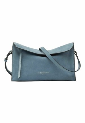 Blaue Leder-Umhängetasche mit Klappenverschluss, verstellbarem Riemen und "Liebeskind Berlin"-Logo in der vorderen Mitte.