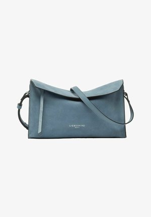 Blaue Leder-Umhängetasche mit Klappenverschluss, verstellbarem Riemen und "Liebeskind Berlin"-Logo in der vorderen Mitte.