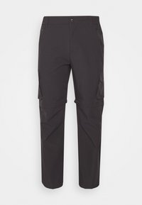 Pantalon cargo noir en tissu léger, avec jambe droite, poches latérales et fermeture par bouton à la taille.