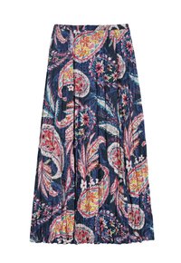 Falda maxi plisada con cintura elástica, con un estampado de paisley floral en colores vibrantes sobre un fondo azul oscuro. Tela suave.