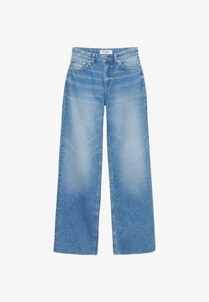 Svijetloplave traperice širokih nogavica od trapera, s visokim strukom, suptilnim blijeđenjem i klasičnim dizajnom s pet džepova s bakrenim detaljima.