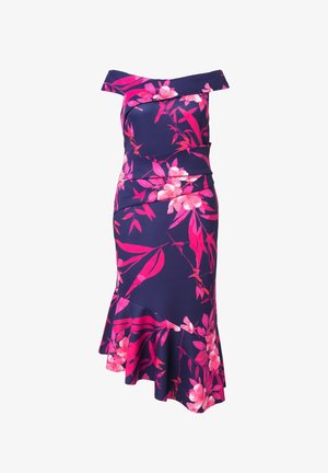 Off-the-shoulder floral dress in navy with pink flowers, featuring a fitted bodice and a flared hem with a layered ruffle detail.