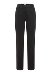 Zwarte denim broek met een recht model, vijf zakken, een enkele knoopsluiting en contrasterende stikseldetails.