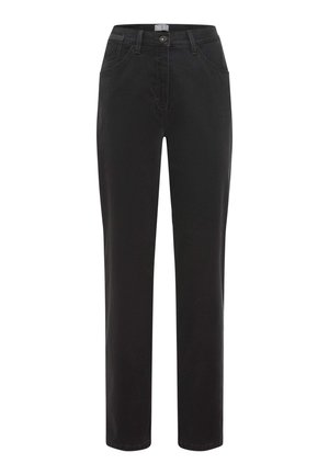 Zwarte denim broek met een recht model, vijf zakken, een enkele knoopsluiting en contrasterende stikseldetails.