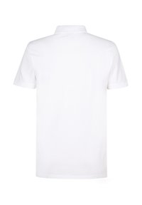 Polo bianco, maniche corte, colletto classico, materiale in cotone morbido, design semplice senza motivi o accenti.