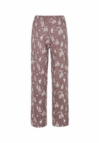 Bruna pyjamasbyxor med vita mönster av rådjur och träd. Elastisk midja, rak passform, tillverkade av mjukt, lätt material.