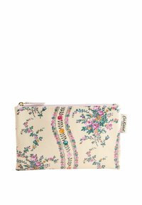 Floral printed pouch in cream fabric with pink and blue flowers. Features a zip closure and a subtle brand tag on the side.