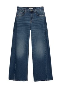 Wide-leg denim jeans in dark blue, featuring a high waist, five-pocket design, and slight fading on the thighs. Raw hem finish.