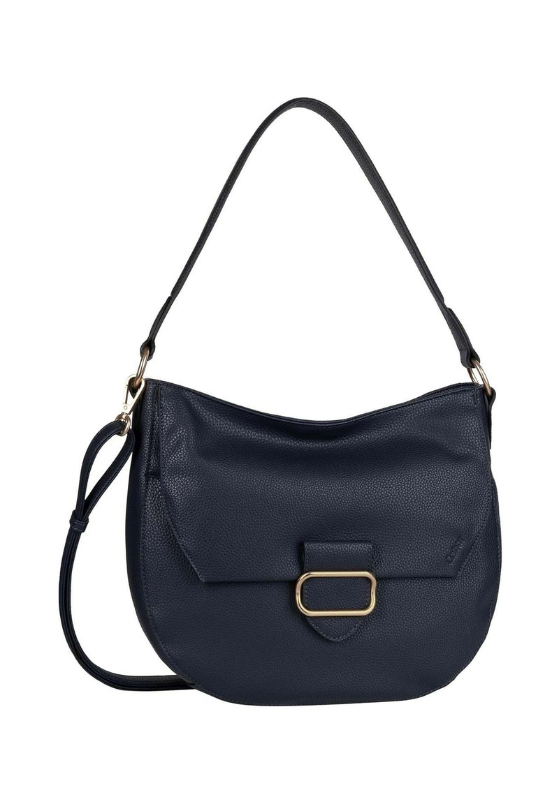 Sac à bandoulière en cuir bleu marine avec une surface texturée, doté d'un rabat avant et d'accents métalliques dorés. Sangle ajustable incluse.