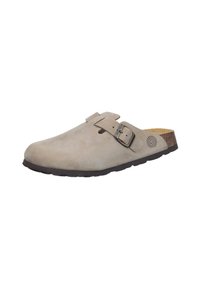 Zoccolo in suede beige chiaro con una fascia in pelle e fibbia, suola intermedia in sughero, suola esterna in gomma nera e logo a spirale sul lato.