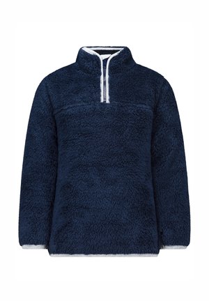 Navy Fleece-Pullover mit hohem Kragen, halbseitigem Reißverschluss und weißen Akzenten. Weiches, strukturiertes Material mit lockerem Schnitt. Keine sichtbaren Taschen.