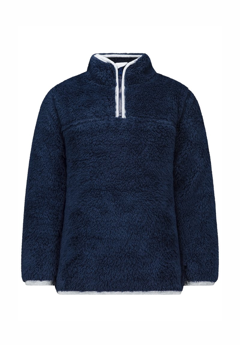 Navy Fleece-Pullover mit hohem Kragen, halbseitigem Reißverschluss und weißen Akzenten. Weiches, strukturiertes Material mit lockerem Schnitt. Keine sichtbaren Taschen.