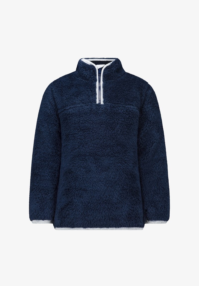 Navy Fleece-Pullover mit hohem Kragen, halbseitigem Reißverschluss und weißen Akzenten. Weiches, strukturiertes Material mit lockerem Schnitt. Keine sichtbaren Taschen.