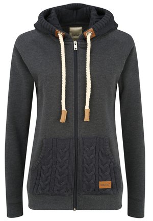 Donkergrijze zip-up hoodie met een gebreide zak, van katoen, grote capuchon, crèmekleurige trekkoorden en leren accenten op de nek.