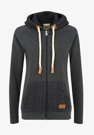 Dunkelgrauer Reißverschluss-Hoodie mit einer gestrickten Tasche, aus Baumwollmaterial, großem Kapuzen, cremefarbenen Kordeln und Lederakzenten am Hals.